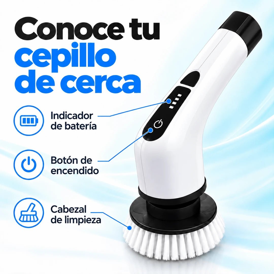 Indicador de batería, botón de encendido y cabezal de limpieza